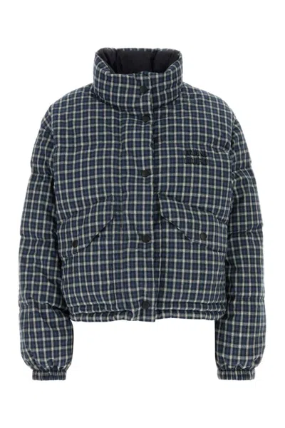 Miu Miu Jacket High Collar Checked Pattern Pockets Quilted In Blue