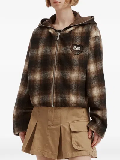 Izzue Check-pattern Heart-patch Cropped Jacket In Brown