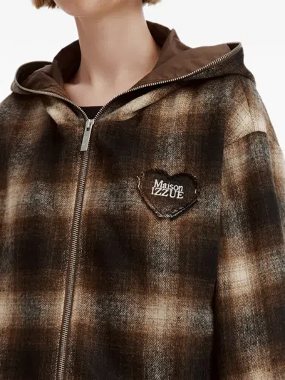Izzue Check-pattern Heart-patch Cropped Jacket In Brown