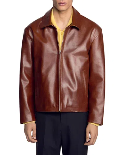Sandro Leather Jacket In Brown