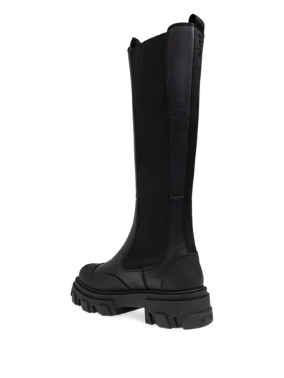Ganni Solid Color Leather Platform Boots In Black