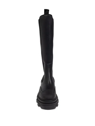 Ganni Solid Color Leather Platform Boots In Black