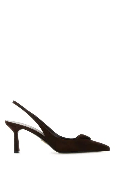 Prada Pumps With Triangle Logo And Back Strap 75mm In Brown