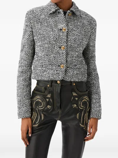 Versace Wool Boucle Jacket Contrast Buttons Cropped In Gray