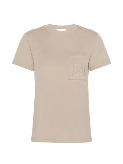 Max Mara Cotton T-shirt With Monogram And Patch Pocket In Beige