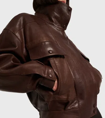 Saint Laurent Leather Bomber Jacket In Brown