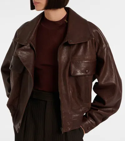 Saint Laurent Leather Bomber Jacket In Brown