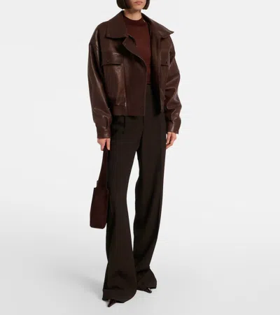Saint Laurent Leather Bomber Jacket In Brown