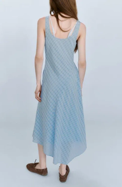 Mango Checked Asymmetrical Midi Dress In Blue