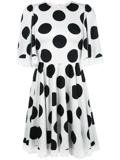 Dolce & Gabbana Half-sleeve Lace-trim Polka-dot Dress, White/black In Bianco/nero