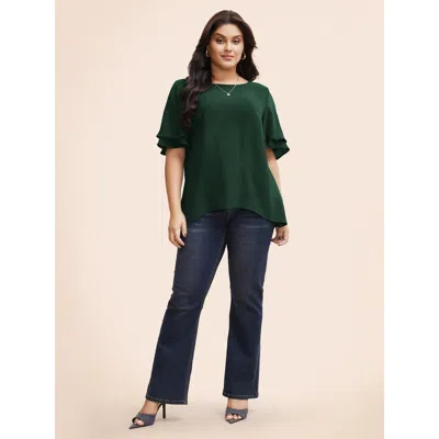 Bloomchic Solid Tiered Ruffles Split Hem Blouse In Green