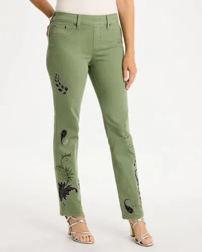 Chico's Embellished Pull-on Straight Jeans In Fresh Eucalyptus In Fresh Eucalyptus