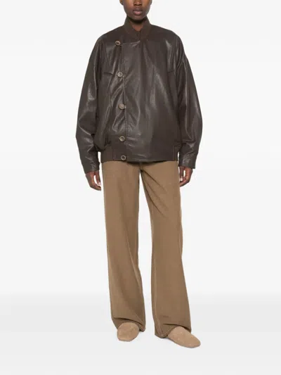 Uma Wang Asymmetric Leather Jacket In Brown