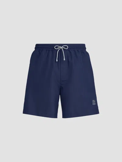Brunello Cucinelli Straight-leg Mid-length Logo-embroidered Swim Shorts In Navy Blue