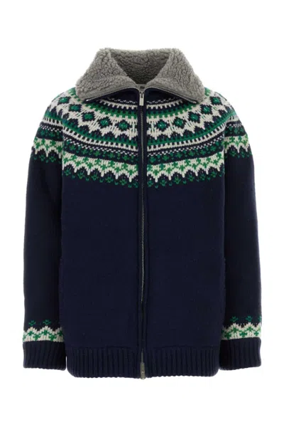 Miu Miu Wool Oversized Cardigan High Collar Patterned In Blue