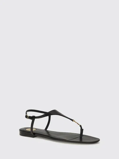Saint Laurent Smooth Leather Cassandra Triangular Upper Flat Sandals Shoes In Black