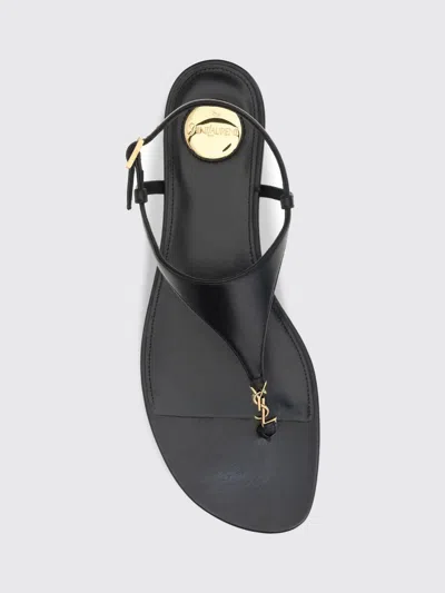 Saint Laurent Smooth Leather Cassandra Triangular Upper Flat Sandals Shoes In Black