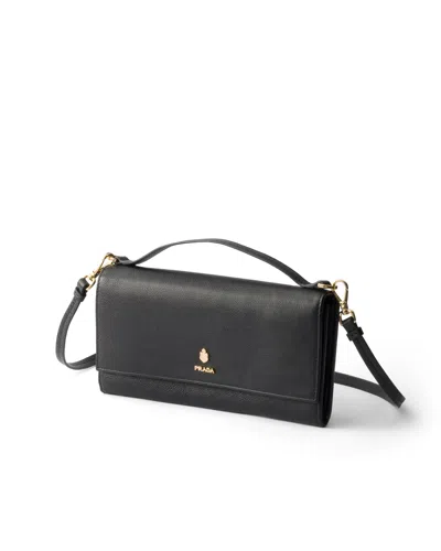 Prada Leather Wallet With Shoulder Strap In Black