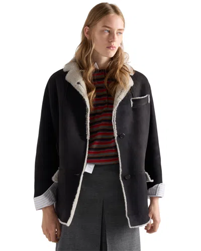 Prada Shearling Caban Jacket In Anthracite/natural