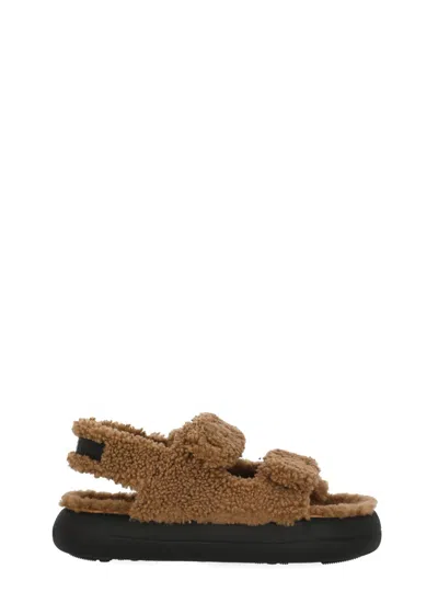 Moon Boot Shearling Upper Double Strap Slingback Sandals In Brown