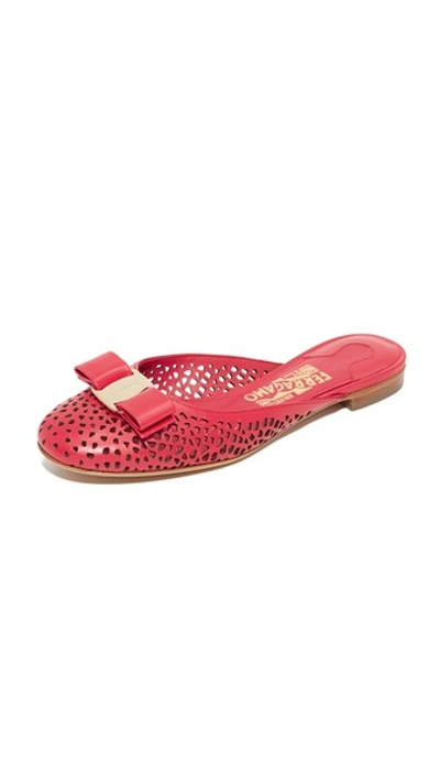 Ferragamo Emile Laser-cut Leather Flat Slides In Red/gold