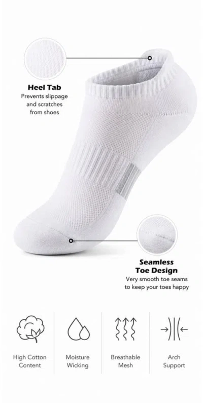 Zilpu Cushioned Performance Athletic Ankle Socks 5-pack In White