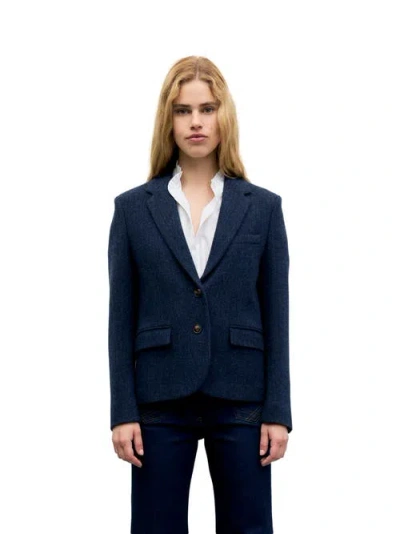 Gerard Darel Juliet Herringbone Two Button Notch Collar Jacket In Blue