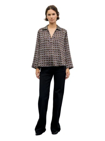 Gerard Darel Lorra Printed Open Collar Blouse In Brown