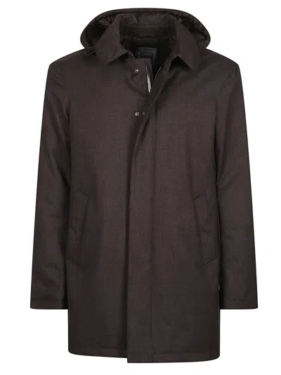 Herno Hooded Wool-blend Medium Down Jacket In Brown