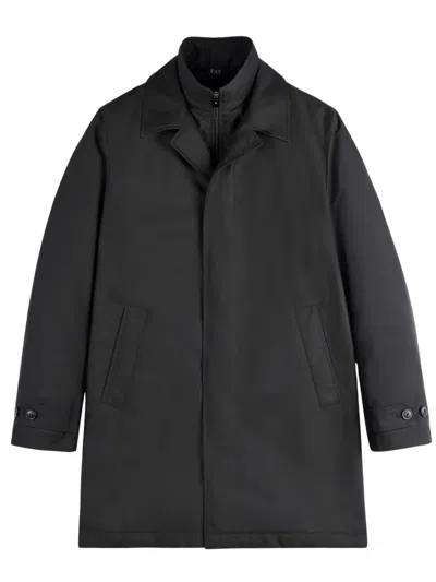 Fay Minimalist Black Morning Coat With Concealed Closure And Quilted Interior In Black