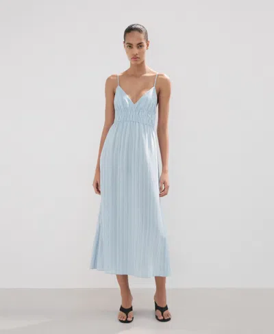 Mango Striped Gathered Dress In Blue