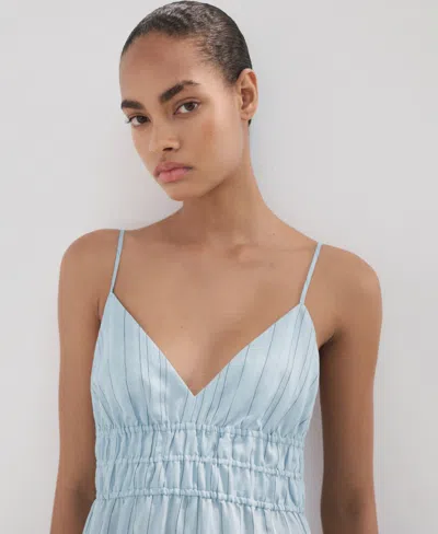 Mango Striped Gathered Dress In Blue