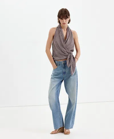 Mango Striped Halter Top With Fixed Knot In Brown