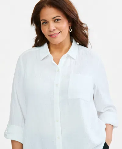 Style & Co Plus Size Button-front Collared Long-sleeve Shirt, Created For Macy's In White