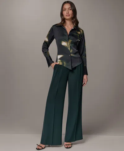 Donna Karan Petite Collared Button-front Blouse In Black