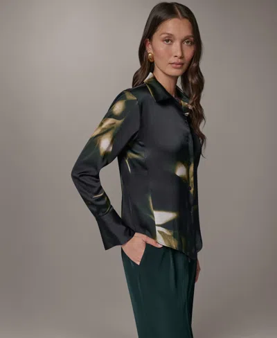 Donna Karan Petite Collared Button-front Blouse In Black
