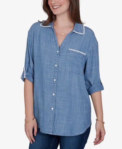 Ruby Rd. Petite Crochet Trim Soft Button-front Top In Chambray