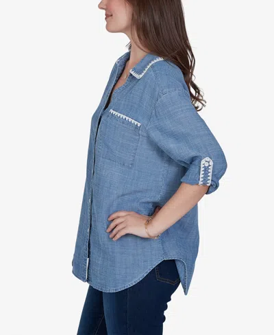 Ruby Rd. Petite Crochet Trim Soft Button-front Top In Chambray