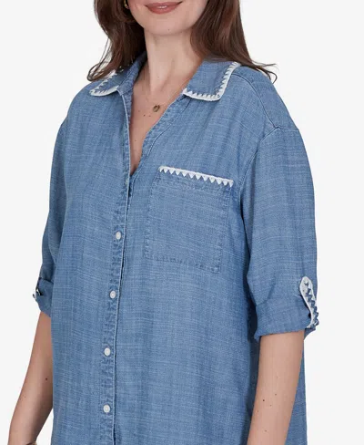Ruby Rd. Petite Crochet Trim Soft Button-front Top In Chambray