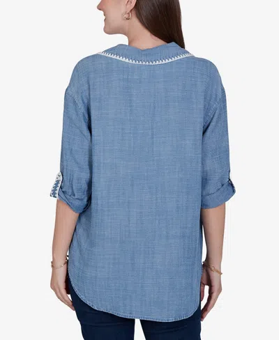 Ruby Rd. Petite Crochet Trim Soft Button-front Top In Chambray