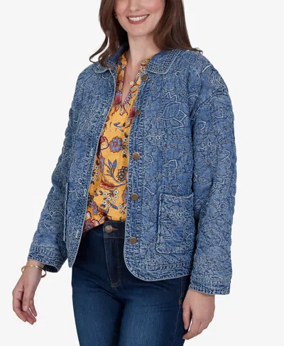 Ruby Rd. Petite Quilted Floral Denim Jacket In Blue