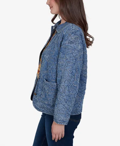 Ruby Rd. Petite Quilted Floral Denim Jacket In Blue