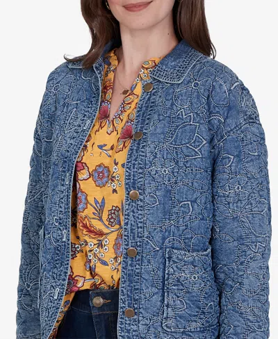 Ruby Rd. Petite Quilted Floral Denim Jacket In Blue