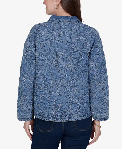 Ruby Rd. Petite Quilted Floral Denim Jacket In Blue