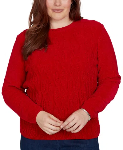 Alfred Dunner Petite Classic Cable Pullover Chenille Sweater In Red