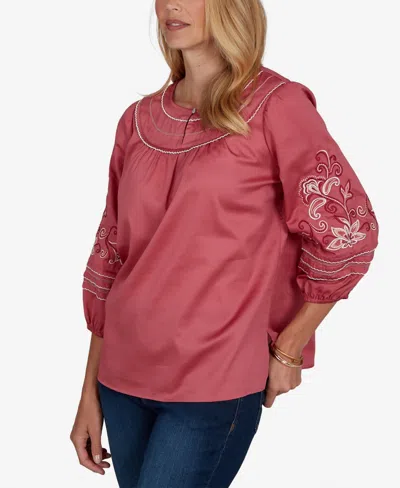 Ruby Rd. Petite Embroidered Sleeve Voile Top In Red