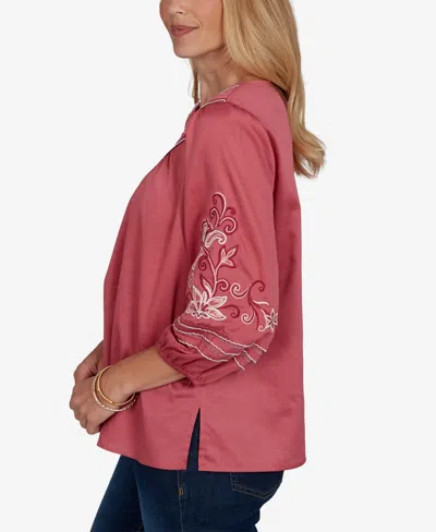 Ruby Rd. Petite Embroidered Sleeve Voile Top In Red
