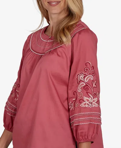 Ruby Rd. Petite Embroidered Sleeve Voile Top In Red