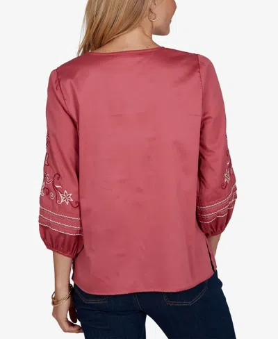 Ruby Rd. Petite Embroidered Sleeve Voile Top In Red