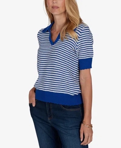 Ruby Rd. Petite Two-tone Collared Elbow-sleeve Sweater In Cobolt Multi